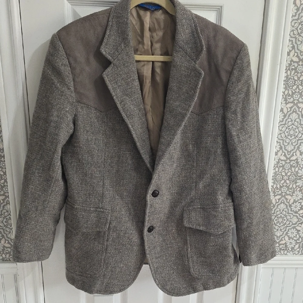 Pendleton Brown Tan Wool Suede Blazer Coat Double Button Elbow Patch Size 42 R​​